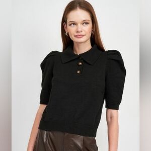 Who What Wear Black Puffed Sleeve Short Polo Ruffle Sweater Large